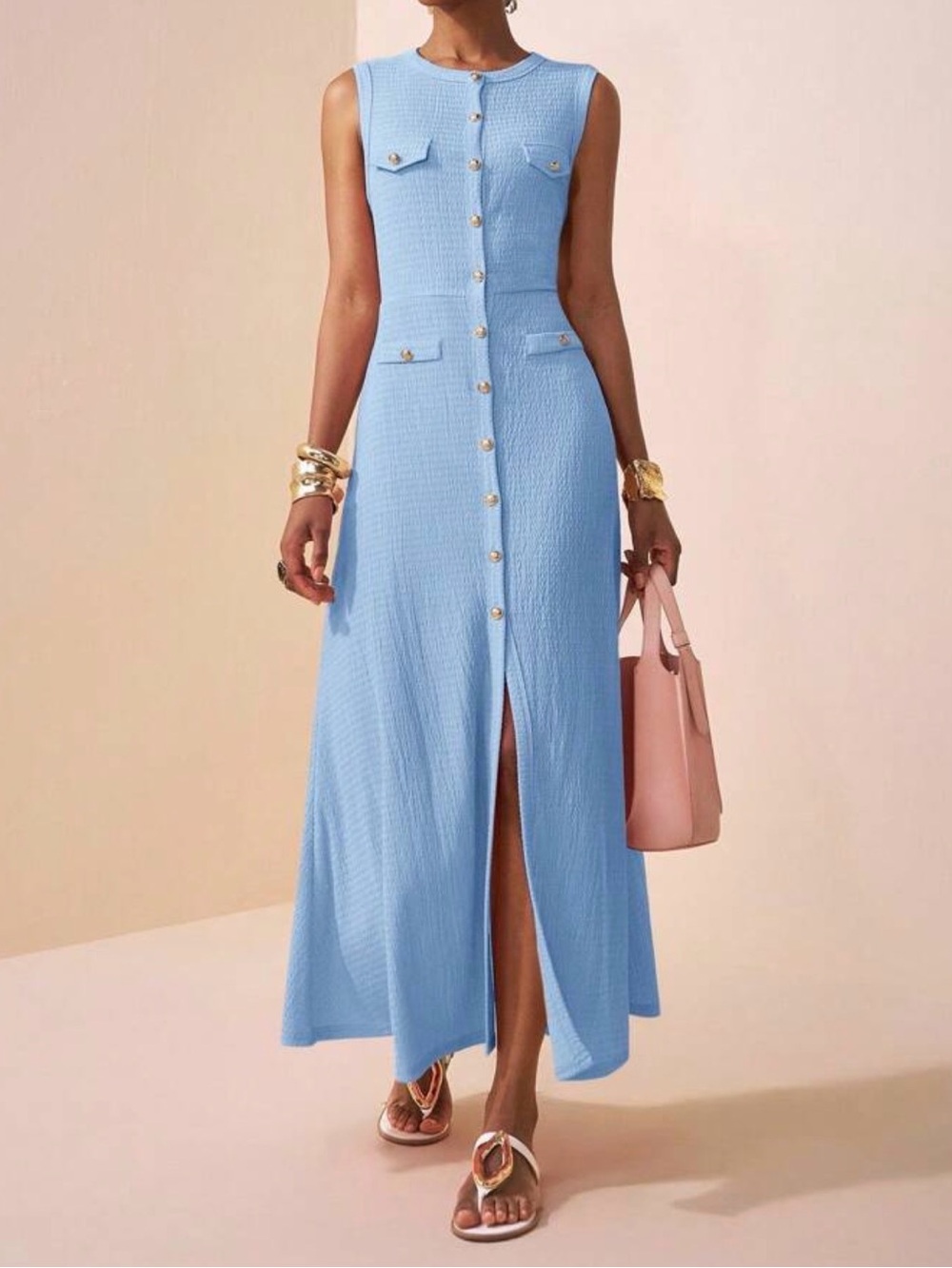 Sleeveless Sky Blue Button-Front Maxi Dress with Front Pockets